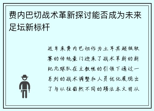 费内巴切战术革新探讨能否成为未来足坛新标杆