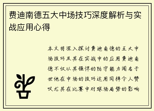 费迪南德五大中场技巧深度解析与实战应用心得