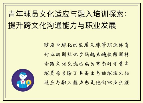 青年球员文化适应与融入培训探索:提升跨文化沟通能力与职业发展 青年球员文化适应与融入培训探索:提升跨文化沟通能力与职业发展