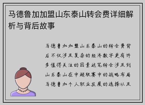 马德鲁加加盟山东泰山转会费详细解析与背后故事