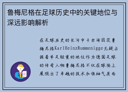 鲁梅尼格在足球历史中的关键地位与深远影响解析 鲁梅尼格在足球历史中的关键地位与深远影响解析